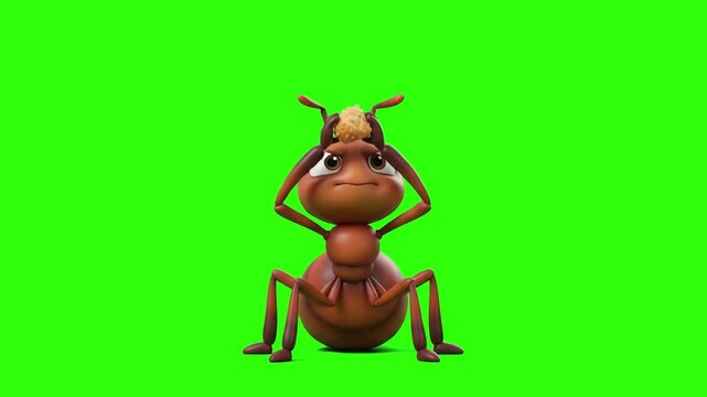 A cute 3D animated red ant character holding its head in stress or panic on a chroma key green background. Excellent for mistake concept clips, stress animations, insect video editing, mascot reaction