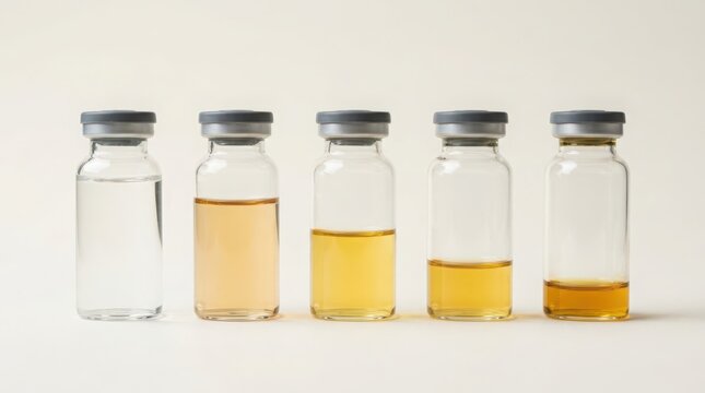 A row of five clean glass vials containing yellow liquid, showcasing medical research and pharmaceutical samples.