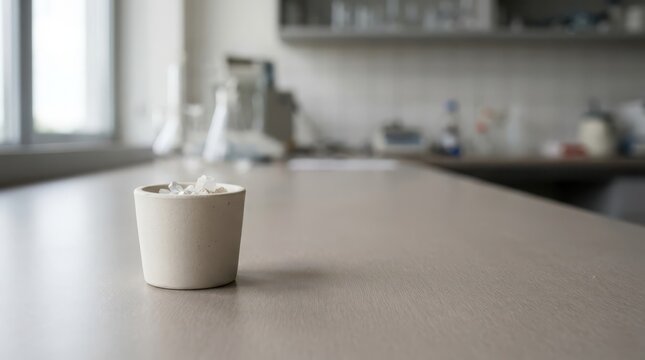 A small ceramic crucible filled with white powder sits on a laboratory countertop, awaiting scientific analysis.