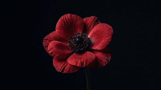 A vibrant red anemone flower blooms against a deep black background, its delicate petals unfurling to reveal a dark center
