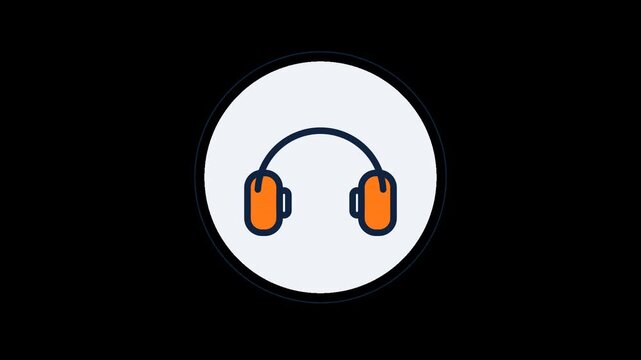 Hearing protection ear muffs animated line icon with draw-on effect, PPE workplace safety symbol, transparent background alpha channel