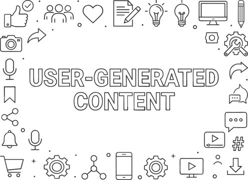 User generated content concept banner surrounded by social media line icons including thumbs up comments stars and videos