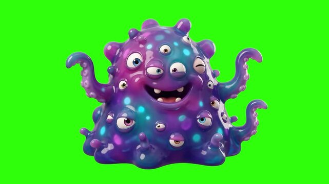A cute 3D animated purple blob monster character covered in eyeballs and tentacles smiling on a chroma key green background. Ideal for Halloween videos, fantasy animations, sci-fi mobile games, funny 