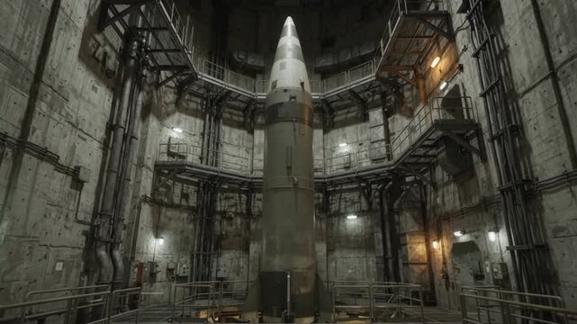 Imposing view of a large missile within an inactive underground launch facility, depicting a state of high alert readiness.