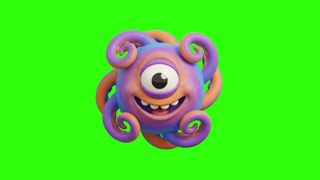 A playful 3D animated purple and orange monster character with one big eye and curly tentacles smiling happily on a chroma key green background. Perfect for space alien animations, fantasy games, kids