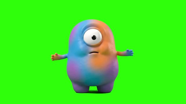 A cute 3D animated gradient colorful one-eyed monster alien standing with shrugging open arms on a chroma key green background. Suitable for confused reactions, space themes, gaming graphics, children
