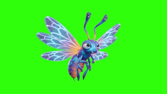 A detailed 3D animated colorful magical insect with translucent wings flying gracefully on a chroma key green background. Perfect for fantasy animations, fairy tale stories, nature videos, game assets