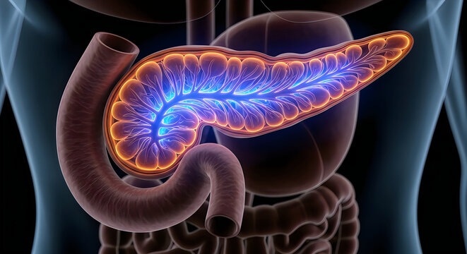 Anatomical depiction of the human pancreas and surrounding digestive structures