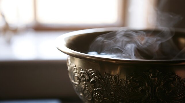 soaking. Classical brass bathtub filled with clear water, gentle steam rising. bar promotions, beverage menus, designed for product packaging and bar promotions, inspires menu design.