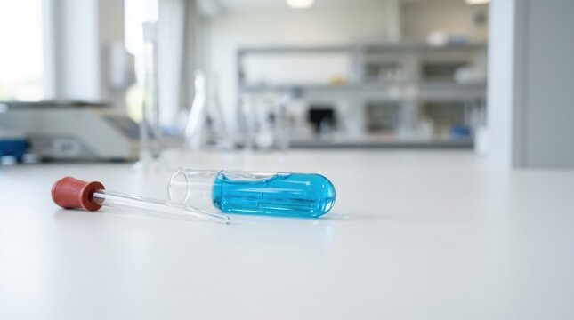 Blue liquid in a glass test tube on a white laboratory bench, symbolizing scientific research and experimentation