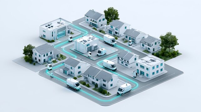 AI orchestrated last mile delivery concept, isometric miniature residential neighborhood connected to a compact local fulfillment hub