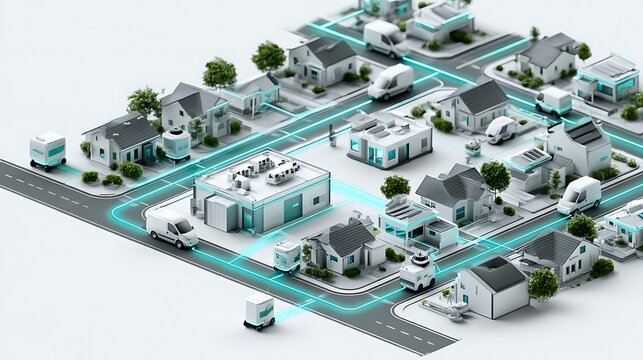 AI orchestrated last mile delivery concept, isometric miniature residential neighborhood connected to a compact local fulfillment hub