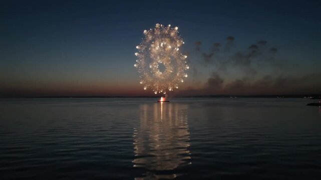 Spectacular drone capture of pyrotechnic fireworks forming the number 10 to 1, a vibrant new year countdown celebration over calm water at dusk.