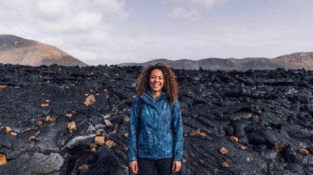 Smiling woman standing on solidified lava landscape