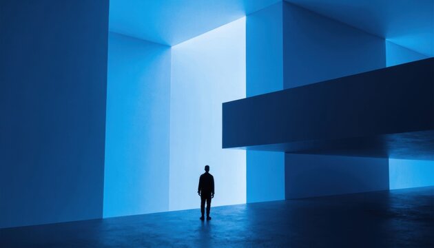 Lone silhouette of a person in a vast, blue, abstract architectural space