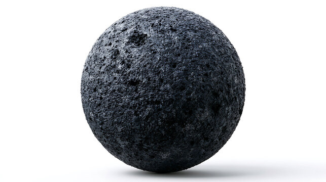 Textured black volcanic rock sphere isolated on white background