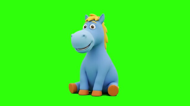 A cute 3D animated blue horse pony character sitting comfortably and smiling pleasantly on a chroma key green background. Great for kids mobile games, pony animations, toy commercials, cartoon mascots
