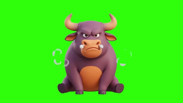 A 3D animated angry brown bull character sitting and snorting steam out of its nose on a chroma key green background. Perfect for sports team mascots, financial market videos, funny reaction clips, mo