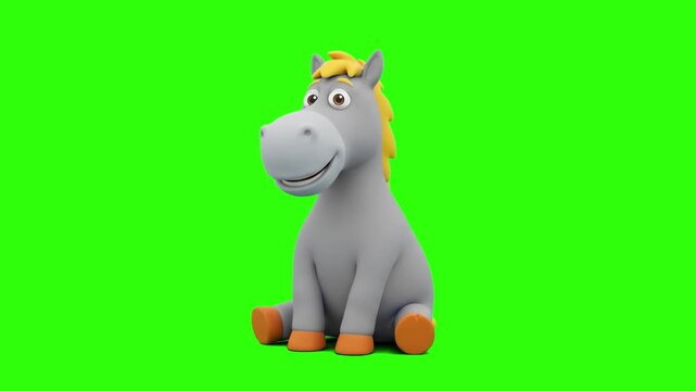 A cute 3D animated grey donkey character with a yellow mane sitting calmly against a chroma key green background. Suitable for farm animal videos, children's stories, educational content, and cartoon 