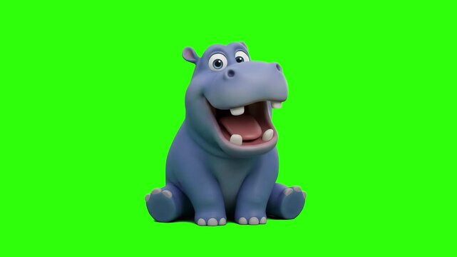 A cute 3D animated blue hippo character sitting with a wide open mouth and laughing happily against a chroma key green background. Great for funny animal clips, children's educational animations, safa