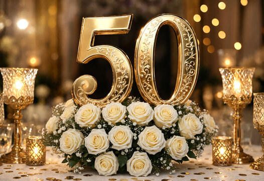 Elegant golden fifty number sign with white roses celebration decoration setup