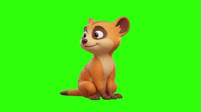 A cute 3D animated meerkat character sitting attentively and looking around on a chroma key green background. Perfect for African wildlife videos, children's educational animations, cartoon mascot cli