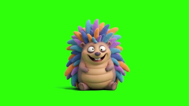 A cute 3D animated hedgehog character with colorful rainbow quills sitting and laughing happily on a chroma key green background. Excellent for children learning videos, forest animal animations, cute