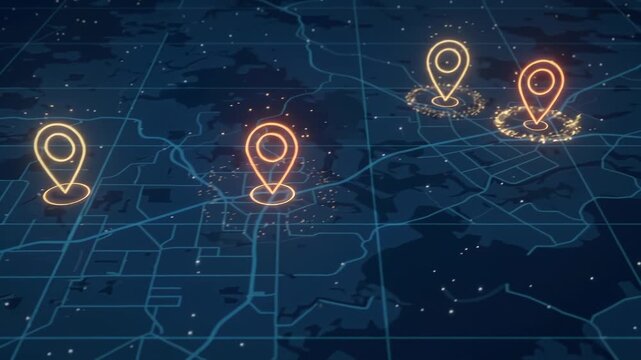 A digital illustration showcasing multiple location pins on a blue map background, perfect for representing navigation, geolocation, and location-based services in technology.