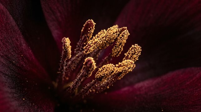 Close-up macro shot of a dark crimson flower's stamen, dusted with golden pollen, highlighting intricate details and textures in the heart of the bloom