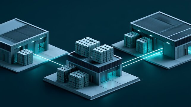 AI inventory rebalancing concept, three miniature warehouses with visibly different quantities of neatly stacked identical cartons,