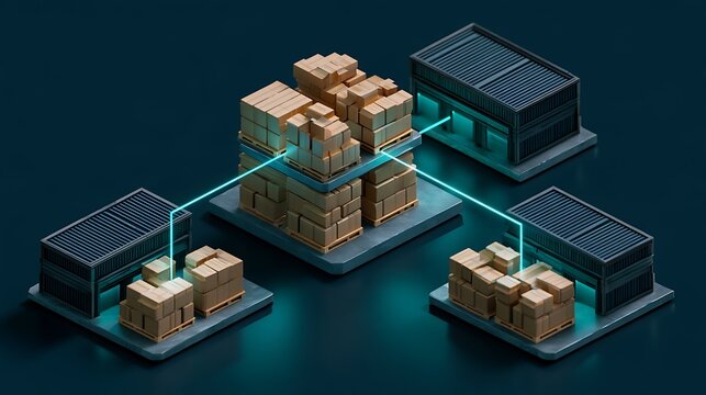 AI inventory rebalancing concept, three miniature warehouses with visibly different quantities of neatly stacked identical cartons,