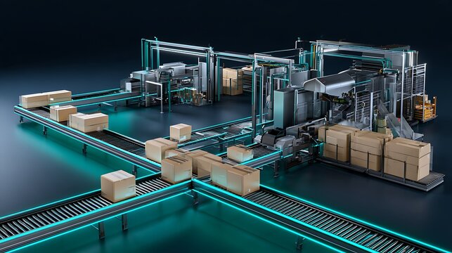 AI powered reverse logistics orchestration, premium miniature product returns facility with one incoming conveyor branching toward inspection,