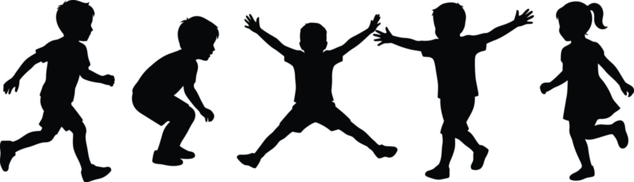 Active playing children silhouette set featuring running jumping and dancing boys and girls vector elements