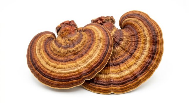 Two reishi mushrooms with distinct concentric rings and woody texture isolated on white background