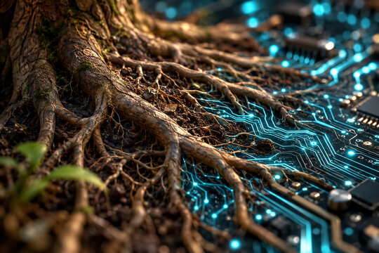 AI generated tree roots merging glowing digital circuits rich soil representing biotechnology artificial intelligence innovation sustainability nature technology integration