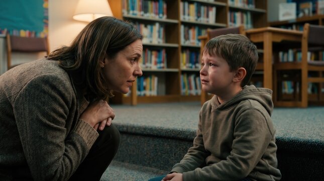 Compassionate female teacher comforting a crying young boy in a school library, capturing empathy and emotional support for child psychology, mental health awareness, and educational counseling.