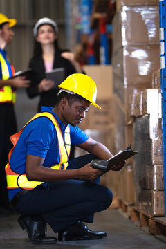 Tall vertical frame of a warehouse worker crouched beside blue racking, checking scanned data on a handheld reader as a manager reviews a tablet behind his shoulder