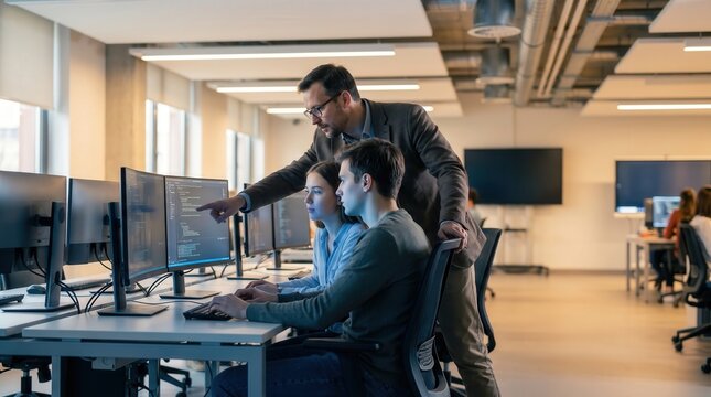 Professional male mentor pointing at code on a computer monitor for young software developers in a modern office lab, capturing collaborative learning for IT training and career development.