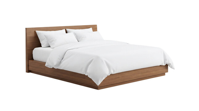 Minimalist wooden platform bed with crisp white bedding and pillows furniture mattress contemporary interior accommodation background minimalist as transparent PNG