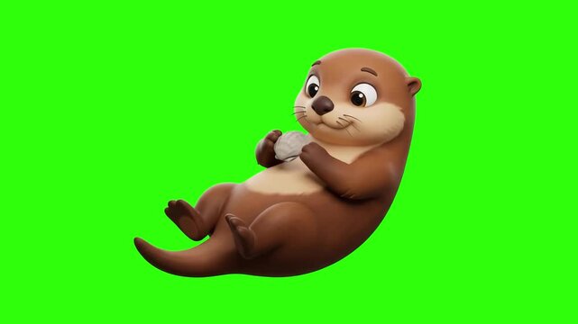A cute 3D animated brown otter lying on its back and holding a shell or stone on its belly on a chroma key green background. Perfect for wildlife videos, children's stories, marine animal presentation