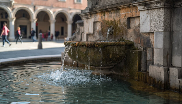 Historic stone water fountain flowing in an old European cobblestone piazza