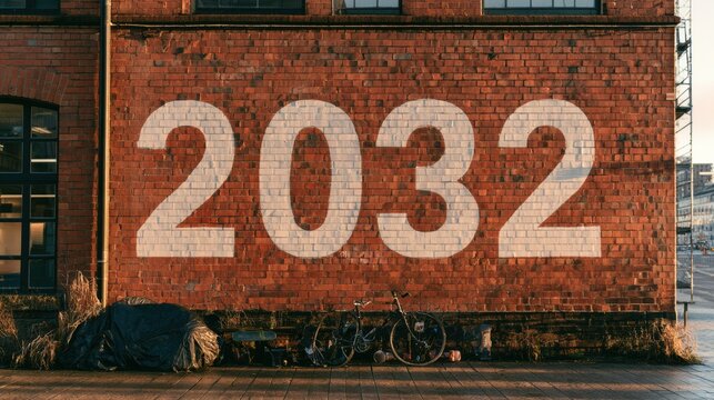 A large painted number 2032 covers a brick wall of a warehouse in an urban area. The warm light highlights the texture of the bricks.