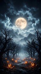 Obraz premium Eerie Halloween landscape with glowing pumpkins under a full moon