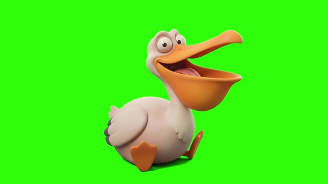 A happy 3D animated pelican bird character sitting with an open beak on a chroma key green background. Perfect for coastal resort promos, tropical vacation videos, zoo animations, cartoon mascots, and