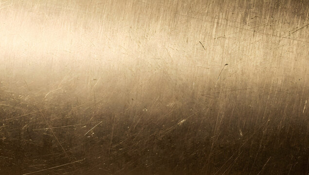Scratched brushed brass metal texture plate with glowing reflection and empty copy space
