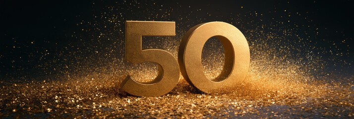 Fototapeta premium A golden number 50 is surrounded by sparkles, signifying a companys 50th anniversary in a corporate environment.