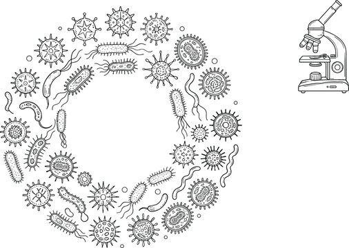 Microbiology science concept illustration featuring laboratory microscope and microscopic bacteria virus pathogens arranged in circular frame