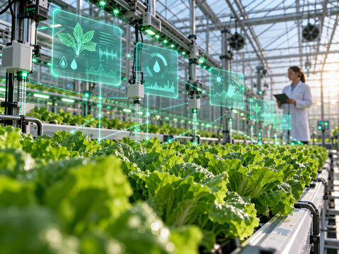 AI generated automated greenhouse fresh lettuce holographic crop analytics connected sensors agricultural scientist smart monitoring for precision farming technology