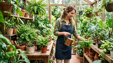Fototapeta premium Young Woman Watering Potted Plants in Rustic Greenhouse Environment