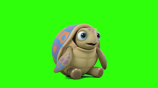 A cheerful 3D animated sea turtle character with a patterned shell sitting happily on a chroma key green background. Perfect for ocean life animations, children's cartoons, ecological videos, and masc